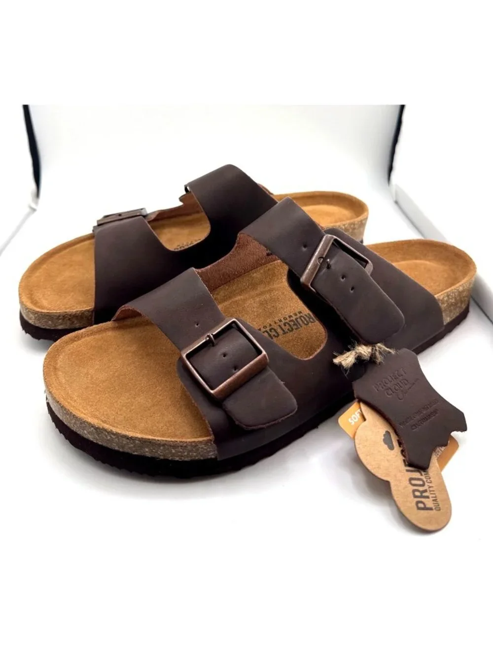 Project Cloud Arizona Mens 10 Brown Leather Double Buckle Sandals 1160 NWT
